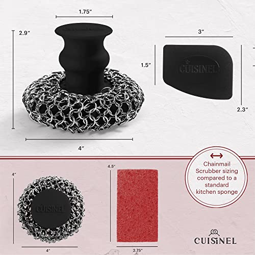 Image of Cuisinel Cast Iron Chainmail Scrubber + Pan Scraper - Deluxe Ergonomic Stainless and Silicone Cleaner for Pots and Skillets - Food-Safe Design - Easy to Clean Dishwasher Safe Cookware Sponge Accessory