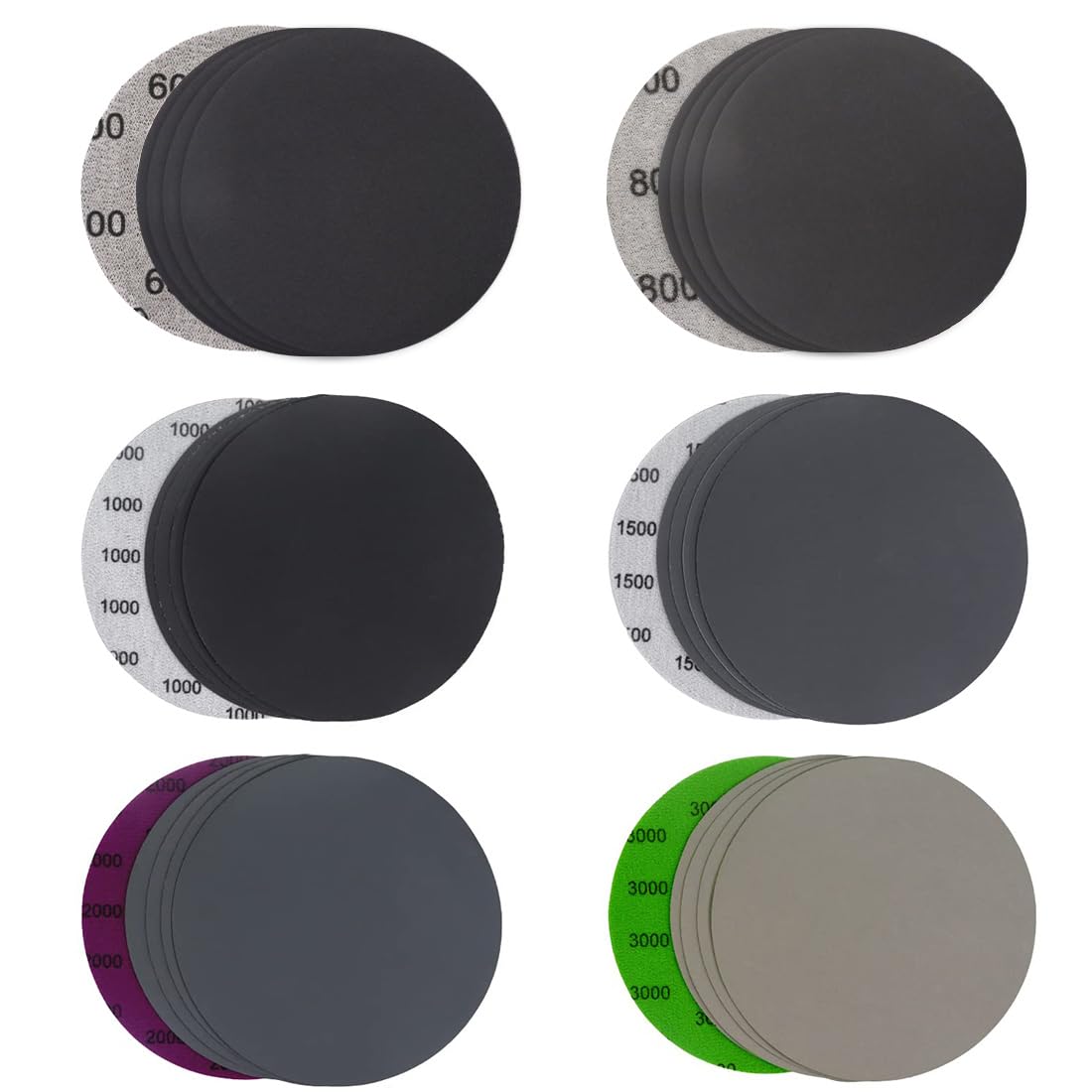 Set 30 dischi abrasivi rotondi in carta vetrata, 75mm, adatti a levigatrici orbitali sia a umido che a secco. Ideali per la lavorazione di legno e metallo con le grane 600/800/1000/1500/2000/3000.