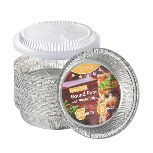 CURTA 8 Round Aluminum Foil Pans with Clear Lids | Heavy Duty | Great for Broiling Baking Storage Roasting Takeout Air Fryer | 30 Pack