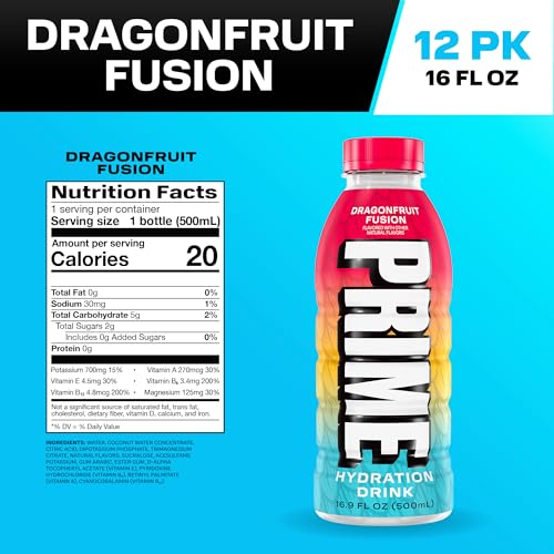 Image of PRIME Hydration DRAGONFRUIT FUSION, Sports Drink with Coconut Water, Electrolyte Enhanced to Replenish Fluids, Zero Added Sugar, B Vitamins, Antioxidants, Made with Natural Flavors, 16.9 Fl Oz 12 Pack