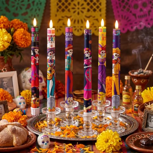 Image of 6 Pack Dia De Los Muertos LED Flameless Taper Candles with Remote, Sugar Skull Skeleton Battery Operated Candles Mexican, Day of the Dead Decorative Candle for Altar Table Home Party Decor