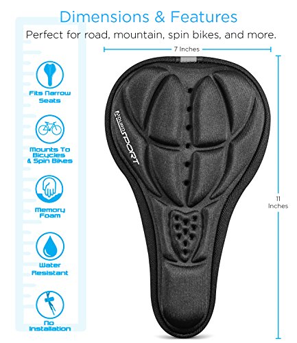 Aduro Sport Bike Seat Cushion Cover Pad with Memory Foam for Bicycle Seat Saddle, No Installation Needed, Bounce Free - Enjoy Longer Rides, Water Resistant (Black)