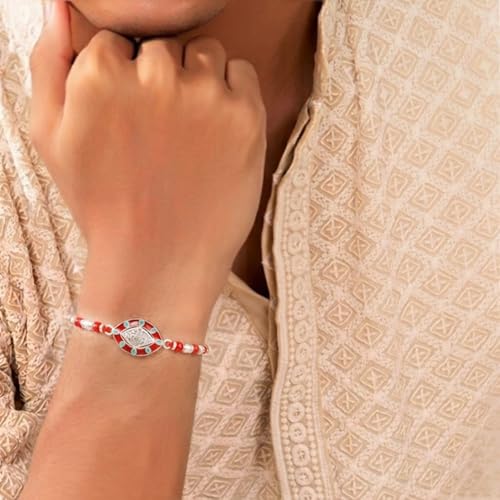 Image of Peora Rakhshabandhan Thread Rakhi for Brother Bhaiya | Kundan Beads & Crystal Studded | Combo Set of 2 | Rakhi Hamper Roli Chawal & Greeting Card