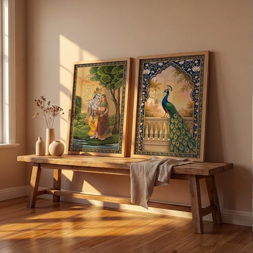 Image of Suneree Radha Krishna Miniature Painting with Peacock Wall Art | Set of 2 Framed Paintings | Traditional Mughal Indian Decor for Living Room Bedroom | (ART 4, 10x13 INCHES)