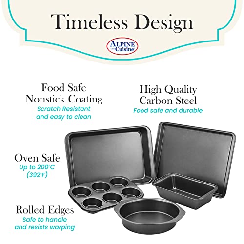 Alpine Cuisine Baking Set 5-Piece - Nonstick Carbon Steel Bakeware Set - Grey Baking Sets For Kitchen, Includes Loaf Pan, Round Pan, 6 Cup Muffin Pan, Roaster Pan, Cookie Sheet, Dishwasher Safe #TOP3