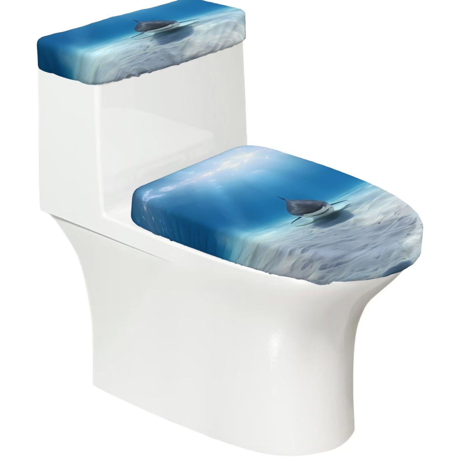 Tiger Fish 2-Piece Toilet Seat Cover Set with Tank Lid - Elastic for U-Shape & Elongated - Bathroom Decor