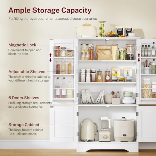 Image of TEENFON 43'H Pantry Cabinet with 4 Doors, Kitchen Cabinet with 6 Door Shelves, Storage Cabinet-Kitchen Pantry for Living Room, Dining Room, Bathroom, White