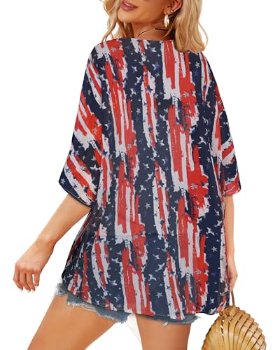 Image of Women's Floral Print Puff Sleeve Kimono Cardigan Loose Cover Up Casual Blouse Tops 2026