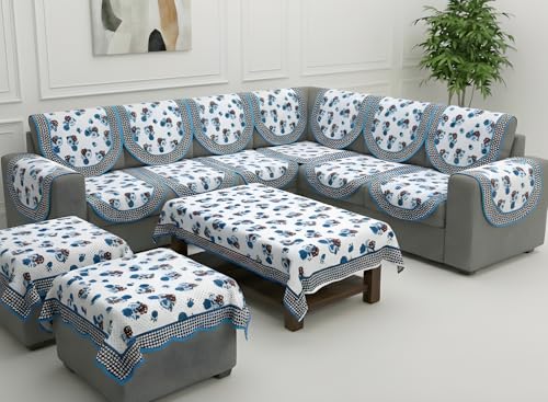 Image of Fab Nation Sofa Cover L Shape 6 Seater with Corner L Type Sofa Set for Living Room | Cotton Sofa Slipcovers for 3 + 3 Seaters Cover with 2 Arms + 2 Setty Covers + 1 Table Cover | Garden Blue