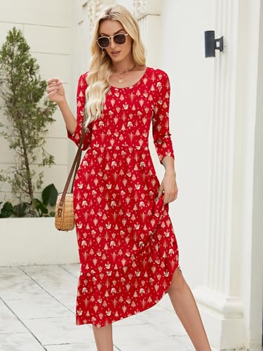 Image of Heymoments Women Dresses Tree Trunk Small Crewneck 3 /4 Sleeves Wedding Guest A line Casual Flowy Swing Party Vintage Spring Fall Winter Beach Travel 2026 Long Midi Dress with Pockets