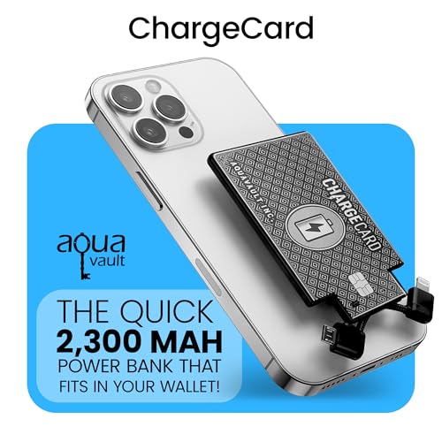 AquaVault ChargeCard – Ultra Slim Emergency Power Bank (2300mAh) – Fits in Wallet – USB-C & Micro-USB – Durable Steel Body – Flight-Safe for iPhone 6-17 & Android - Black
