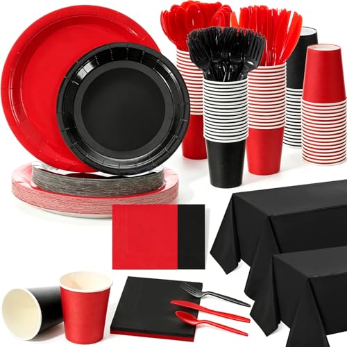 256 Pcs Red and Black Party Supplies Black and Red Birthday Disposable Paper Plates Napkins Plastic Tablecloth Fork Cup Tableware Sets for Birthday Baby Shower Party Decorations