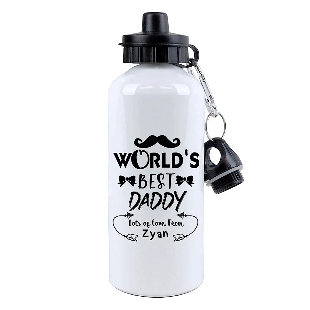 Personalised World's Best Daddy Fathers Day Moustache/Bow Love ANY NAME Funny Gift for Dad Birthday Aluminium 500 ml Water Bottle sports bottle.