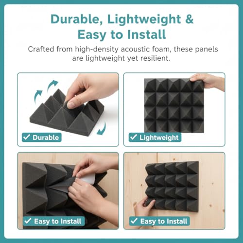Image of URBAN-X Pyramid Acoustic Foam Panels 12 inch X 12 inch X 2 inch, 38 Kg /m High Density Soundproofing Studio Foam & Echo Reduction, Sound Absorption, (Charcoal Black With Self Adhesive, Set of 12)