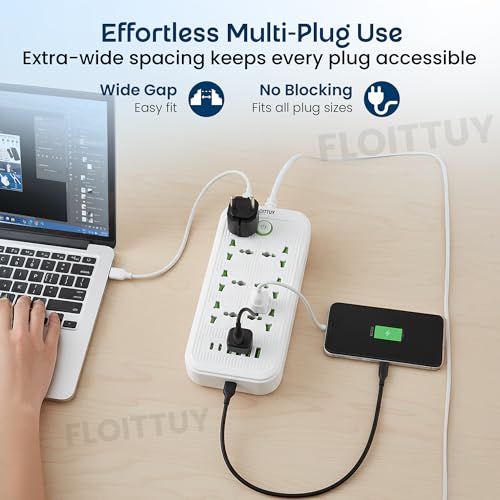 Image of FLOITTUY 6‑Outlet Extension Board with 4 USB & 2 Fast Charging Type-C Port | Wall Mountable Extension Board | 2500W Multi Plug Extension Cord for Home & Office | Surge Protector Power Strip