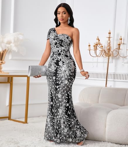 Image of Cololura Women Sexy Sequin One Shoulder Mermaid Formal Party Cocktail Gowns Bodycon Evening Maxi Dress