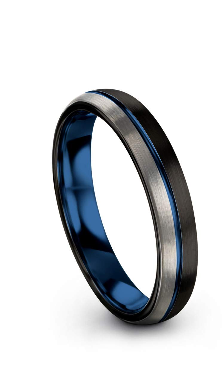 Chroma Color Collection Tungsten Wedding Band Ring 4mm for Men Women Blue Interior Blue Center Line Dome Black Grey Half Brushed Polished Size 4.5