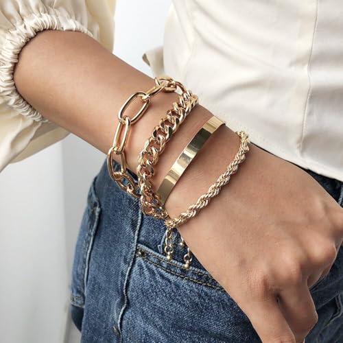 Chain Bracelets Set for Women - 18K Real Gold Plated Link Chain, Trendy Stackable Cuff Bracelets, Adjustable Jewelry Gifts