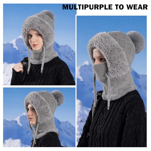 TAGVO Strickmütze Damen Thermo Winter, 3 in 1 Beanie Mütze Warm Strickmütze & Halswärmer Sets, Multifunktional Verstellbar Sturmhaube Gesichtsmaske mit Dickes Fleece gefüttert für Frauen Outdoor