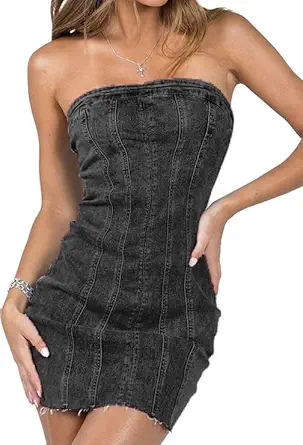Sexy Denim Strapless Dresses for Women Y2K Jeans Corset Backless Tube Bodycon Mini Dress Clubwear