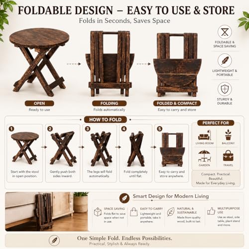 Image of Beautiful Antique Hnadmade Wooden Fold-able Side Table /Coofe /Tea Time /Outdoor /Balcony /End Table /Plant Stand /Stool Living Room Kids Play Portable Furniture Table Round Shape