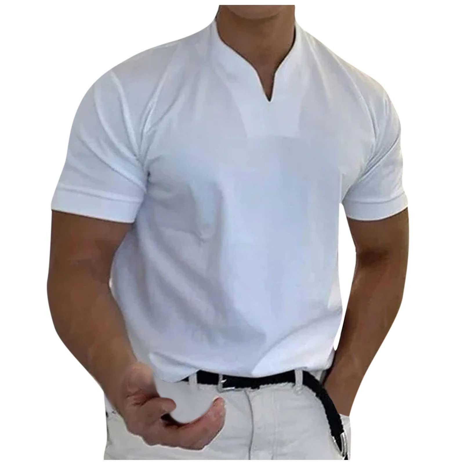 GenericMens Shirts Men's Casual Solid Color V-Neck Gentleman's Business Short Sleeve Fitness T-Shirt Shirts