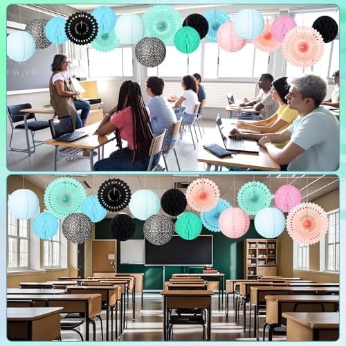 Image of Retisee 18 Pcs Colorful Composition Book Classroom Decoration Kits Black and White Composition Hanging Paper Lanterns Paper Fans Honeycomb Balls Decor for Back to School Classroom Party Decoration