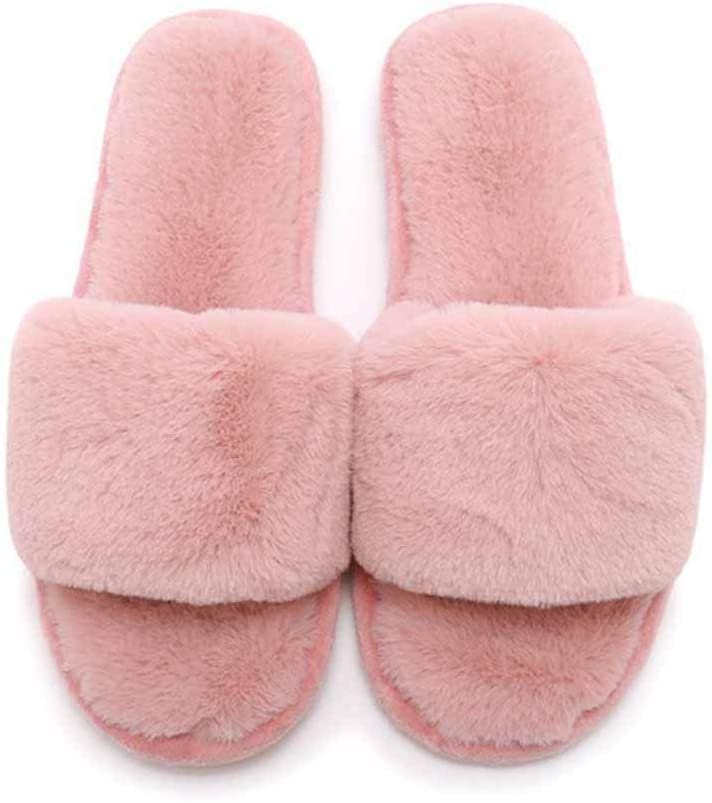Pantoufles moelleuses roses sandales bout ouvert en peluche artificielle pour dames