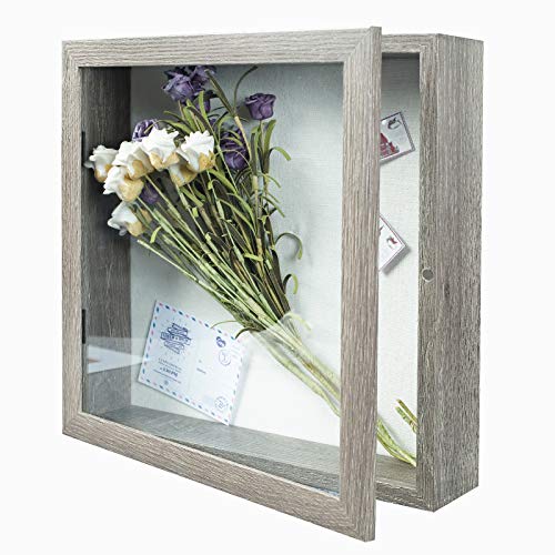 Image of Muzilife 11x11 Shadow Box Picture Frame with Linen Board Wood Glass Deep Display Case Ready to Hang Memory Box Baby Sports Memorabilia, Awards, Medals, Wedding, Tickets, and Photos (Texture Gray)