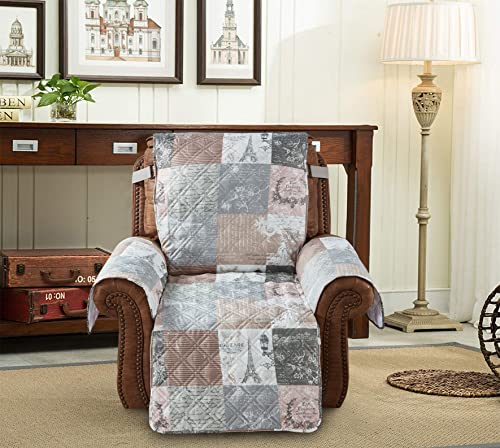 Brilliant Sunshine Paris And Toile Floral Patchwork Quilted Large Recliner Slipcover, 28" Seat Width, Slip Resistant Furniture Protector, 2" Strap, Washable Reclining Chair Cover For Dogs, Latte Grey #TOP3