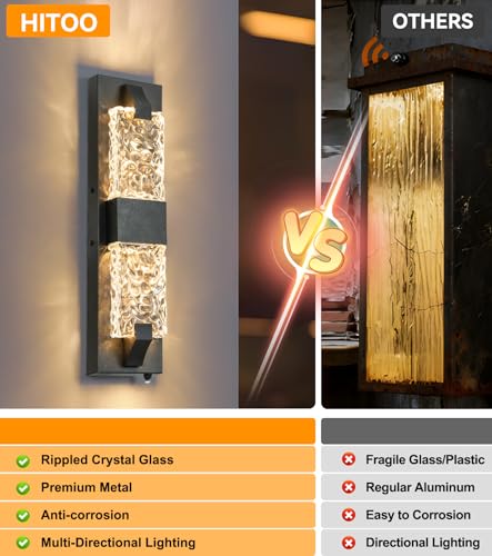 Image of Outdoor Wall Light, 12W 18.5 inch Dusk to Dawn Porch Lights, 2 Pack Black | IP65 Waterproof, Crystal Ripple Design, Oversize Modern Exterior Sconce, Hardwired,Auto On /Off,for House Garage Entryway