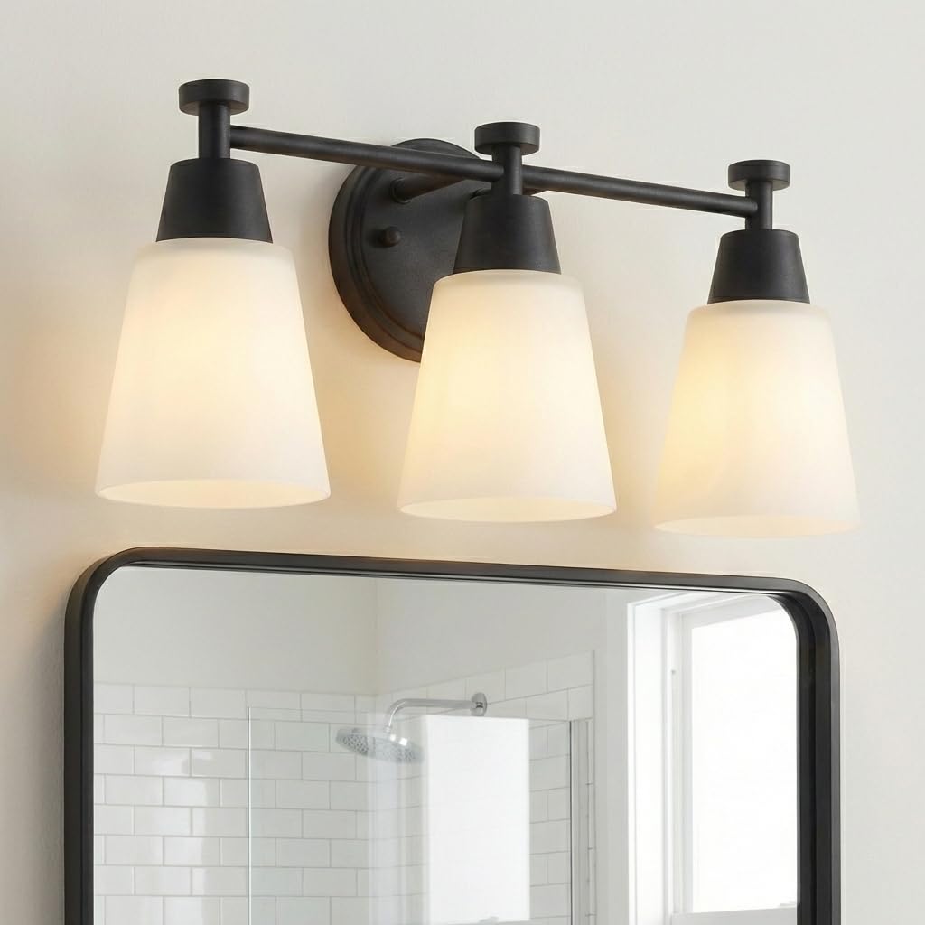 SENKERFAN 3 Light Bathroom Vanity Light, Modern Matte Black Stainless Steel Over Mirror Vanity Light Fixture with Frosted Glass, Wall Sconces Lighting