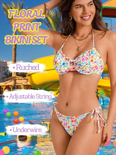 Underwire Push-Up Cute Floral Bikini Sets for Women&Teen Girls, String Halter Top&Cheeky Side-Tie Bottom 2 Piece2
