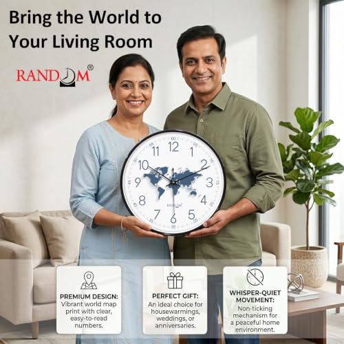 Image of RANDOM Black Plastic World Map Print Sweep Silent Round Battery Operated Analog Wall Clock for Home Office, Living Room, 32 cm