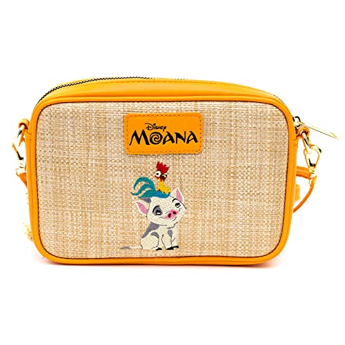 Image of Disney Bag, Horizontal Crossbody, Moana Embroidered Skirt Pattern with Hei Hei and Pua Pose, Raffia Straw
