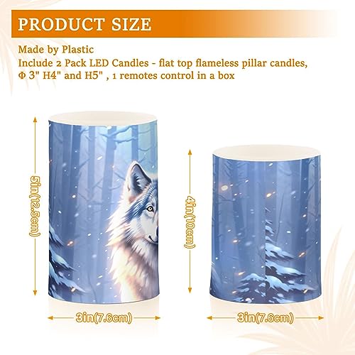 Image of Flickering Flameless Candles, Wolf Winter Forest LED Candles with Remote Timer, Set of 2 Battery Operated Candle for Valentine Wedding Birthday