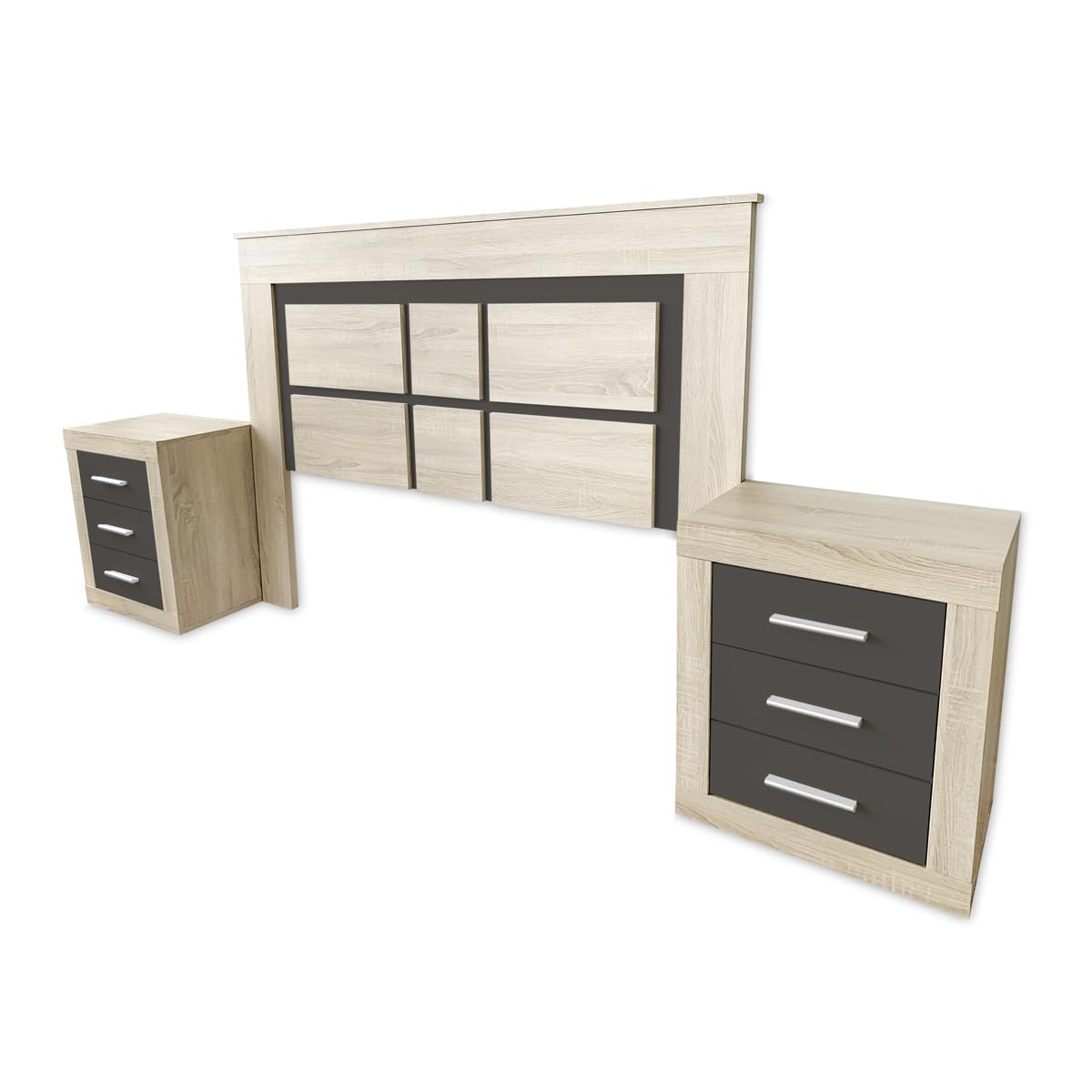 Somnia Descanso - Pack Cabecero Nórdico Mandi de 160 x 120 cm + 2 Mesitas de Noche | Diseño Práctico y Elegante | Colores Cambria y Grafito (para Cama de 135-140 o 160)