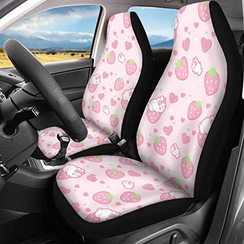 Image of Modysero Strawberry Print Pink Car Set Cover Full Set Durable Soft Front Rear Bench Seat Cover Set for Women Elastic Breathable Automotive Seat Protector Universal Fit All Cars Trucks