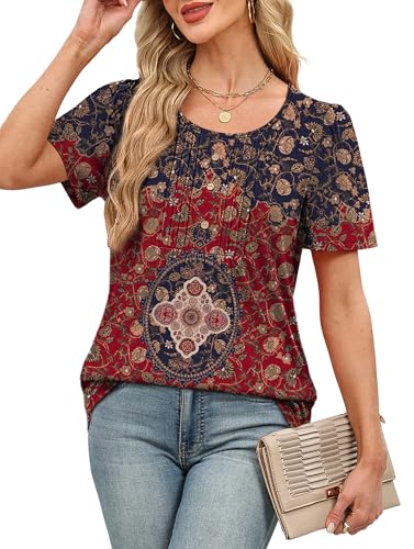 Image of Womens Tops Dressy Casual Blouses Short Sleeve Shirts Plus Size Fashion Clothing Spring Summer Outfits Button Pleated Front