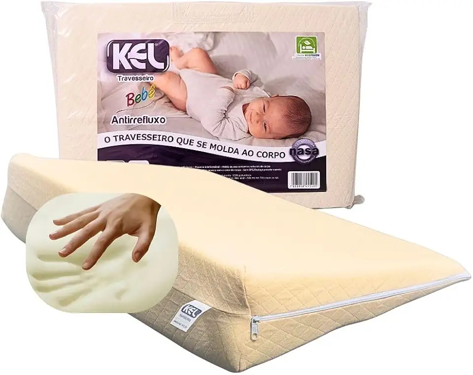 Travesseiro Antirrefluxo para Bebê Kel | Viscoelástico NASA, 37x58x12 cm, Antialérgico, Antiácaro, Capa 100% Algodão com Zíper – Alívio do Refluxo e Conforto Ergonômico