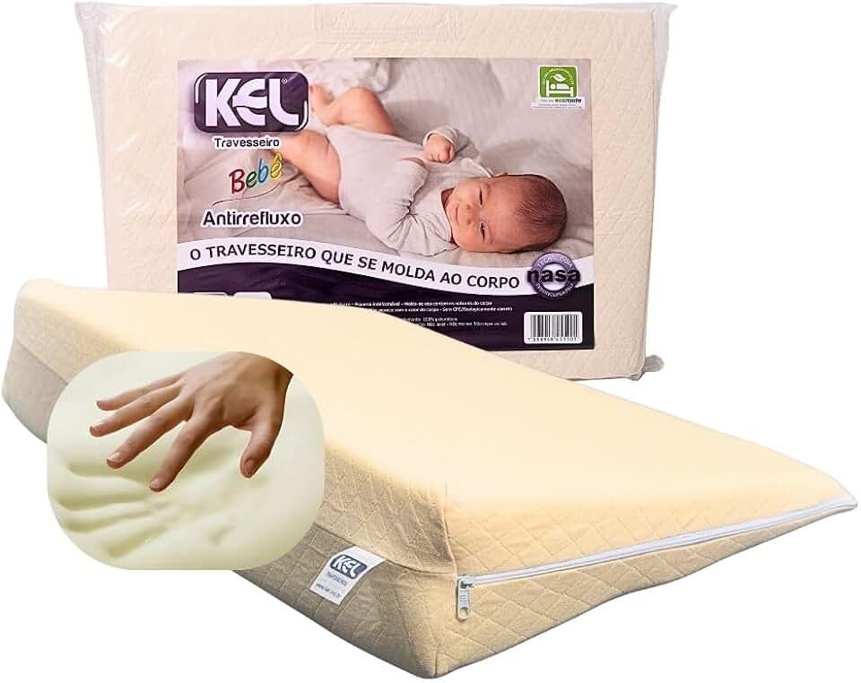 Travesseiro Antirrefluxo para Bebê Kel | Viscoelástico NASA, 37x58x12 cm, Antialérgico, Antiácaro, Capa 100% Algodão com Zíper – Alívio do Refluxo e Conforto Ergonômico
