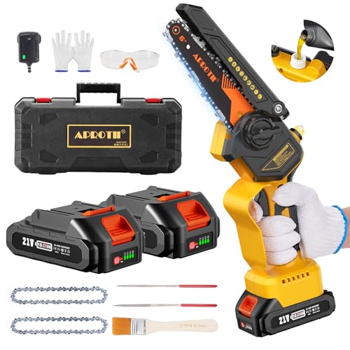 APROTII Motosierra a Batteria, Mini Motosierra 6 Pulgadas sin cable con Bomba de Aceite, Tensado de Cadena Automático y sin Herramientas, 800W sin Escobillas para Cortar Madera Jardines