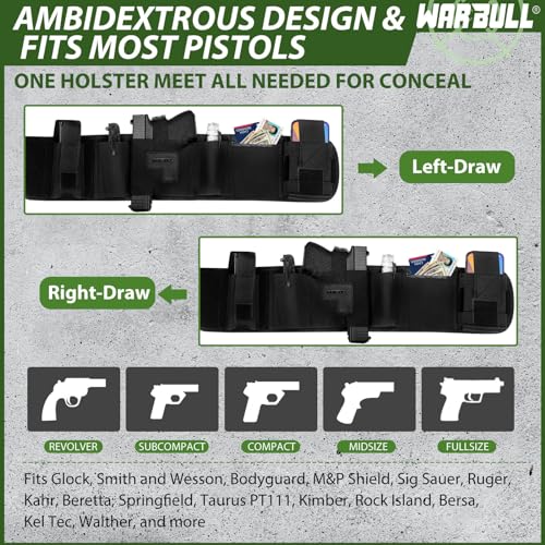 WarBull Belly Band Holster for Men and Women - Concealed Carry with Zip Pocket, Removable Pouches, and Breathable Neoprene for Most Pistols and Revolvers