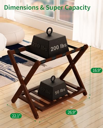 Lenwi Fully Assembled Bamboo Luggage Rack, 5 Strip Suitcase Stand with Shoe Rack,Holds up to 200 Lbs,Folding Luggage Holders for Rooms, Guest Room,Bedrooms, Hotels,Teak