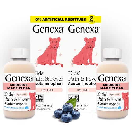 Image of Genexa Kids’ Clean Pain & Fever Acetaminophen, Dye Free, 0% Artificial Additives, Delicious Organic Blueberry Flavor, Liquid Oral Suspension Medicine, Children 2-11, 160 mg per 5mL, 8 fl oz (2 Pack)