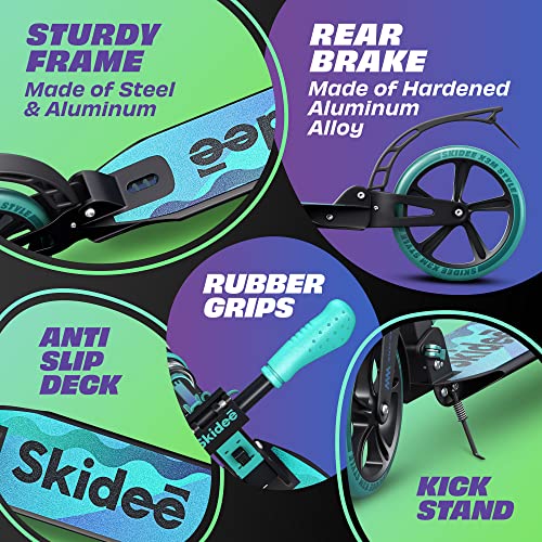 Skidee Kick Scooters for Kids 8-12 - Adjustable Height Up to 41", Foldable, 8" Shock-Absorbing Wheels, 220LBS Capacity - Ultra Smooth Kick Scooter for Adults, Teens & Kids – Lightweight & Portable