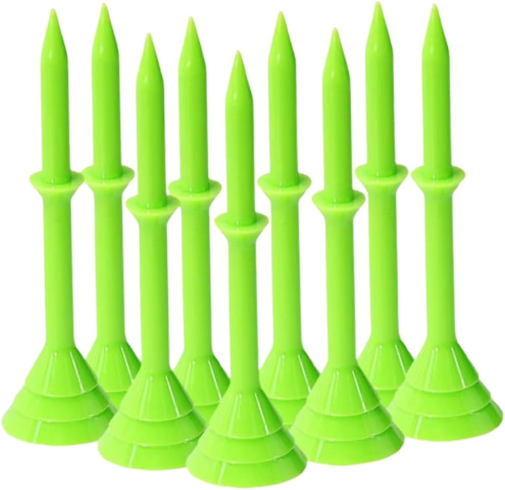 The New Big Cup Golf Tees from Stand at a Height of 3-1/4 inches, Featuring a Stop at 1-1/4 inches. Ball Exactly Stays 2" Above The Ground. 10 Pack of Lime Green Tees.