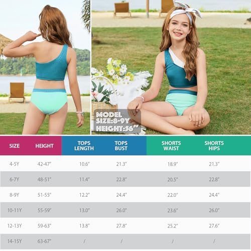 Image of Mirawise Girls Swimsuit One Shoulder Metallic Patchwork Neckline Bathing Suit 2 Piece Bikini