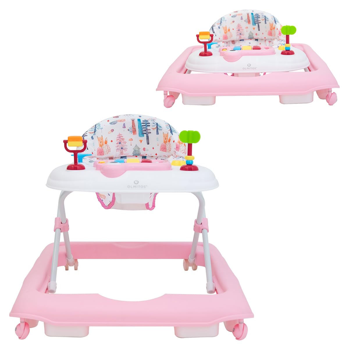 Olmitos - Andador bebe con Bandeja de Actividades – Primeros pasos Estimulación Sensorial y Desarrollo Motriz - centro de actividades plegable y regulable – Seguro con Sistema Stopper (Pink Stars)