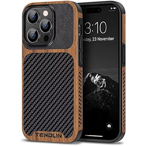 TENDLIN Compatible with iPhone 14 Pro Case Wood Grain with Carbon Fiber Texture Design Leather Hybrid Slim Case Black Cover